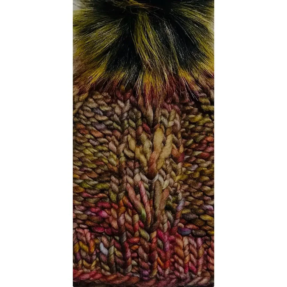 Hand Knit Merino Wool Scrappy Lake Erie Beanie: Faux Fur Pom - Adult Size